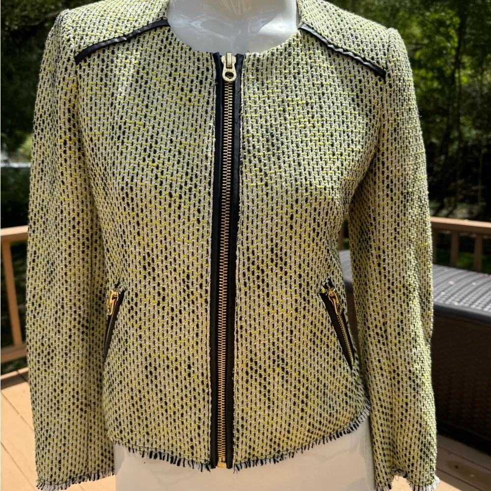 Juicy Couture Yellow/Green Tweed Jacket front zip faux leather trim size small - Picture 3 of 13